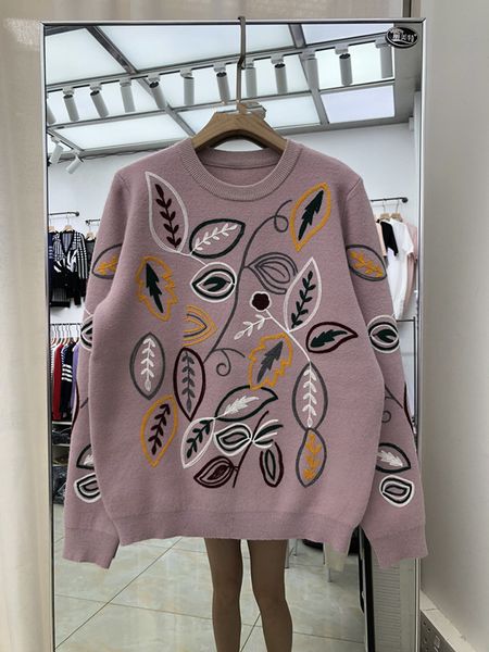 

европа 2020 осень зима свитер новая тяжелая промышленность вышивка растение цветок круглые шеи свободно и ленивый стиль женский дизайнерский, White;black