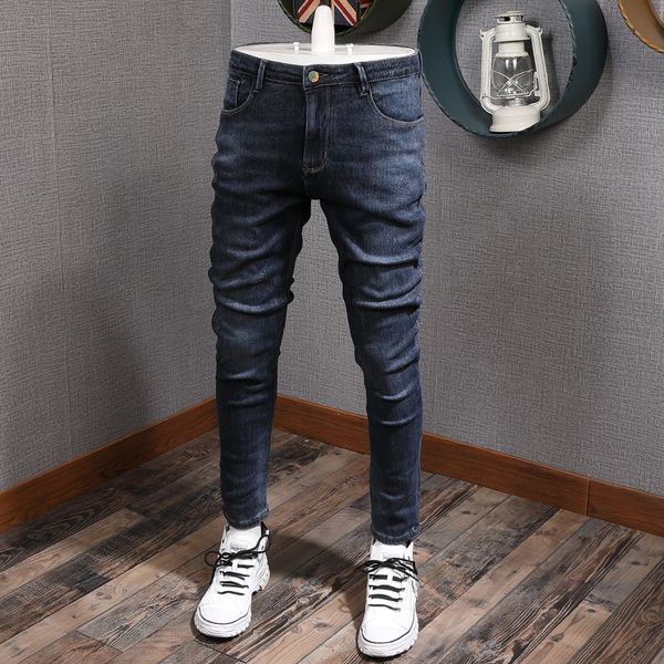 

2021 new japanese fashion black blue slim elastic men denim pencil pants streetwear vintage designer jeans xy67