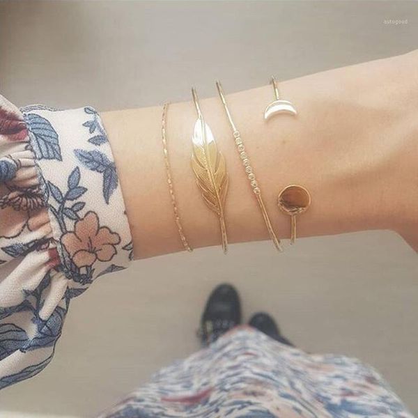 

charm bracelets womens bracelet personality chain leaves moon round open 4 piece jewelry adjust elegant 7.231, Golden;silver