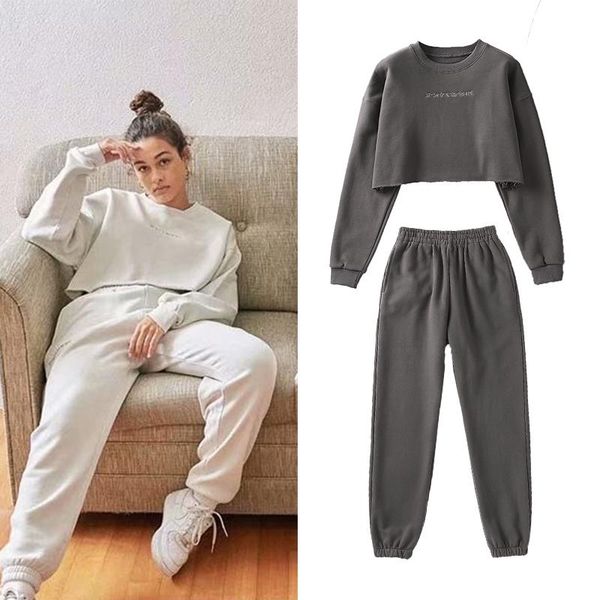

women pullover two pc sets femme 2021 new winter fashion o-neck long sleeve hoodied+solid long sports pants suits, Gray