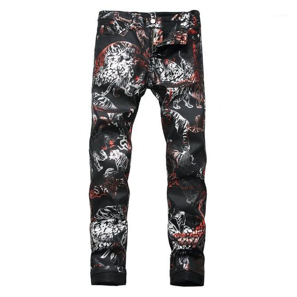 

sokotoo men's tiger animal printed coated jeans fashion slim fit black painted stretch pants1, Blue