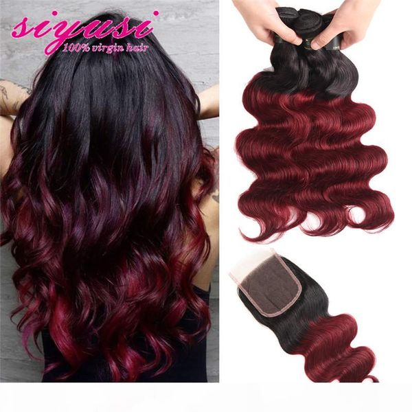 

malaysian virgin human hair bundles with closure pre-colored 1b 99j burgundy malaysian body wave hair 3 bundles with closure, Black;brown