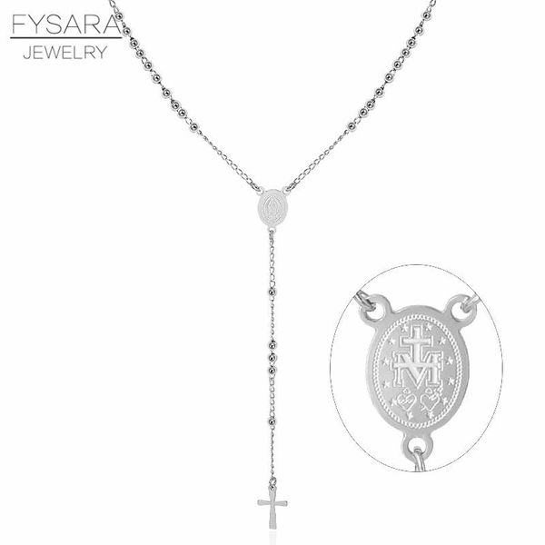

fysara stainless steel m ball beaded necklace pendant cross religion jewelry christian catholicism virgin mary long necklace sqczvr, Black