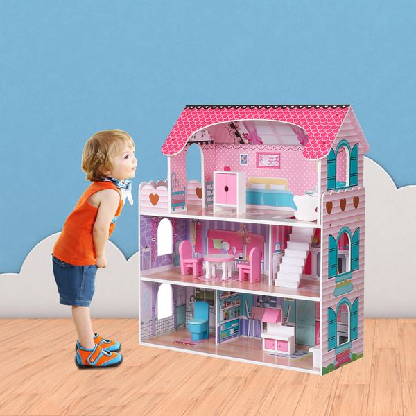 

3 layer large children's wooden pretend play house kids doll dollhouse mansion furniture pink children's gifts