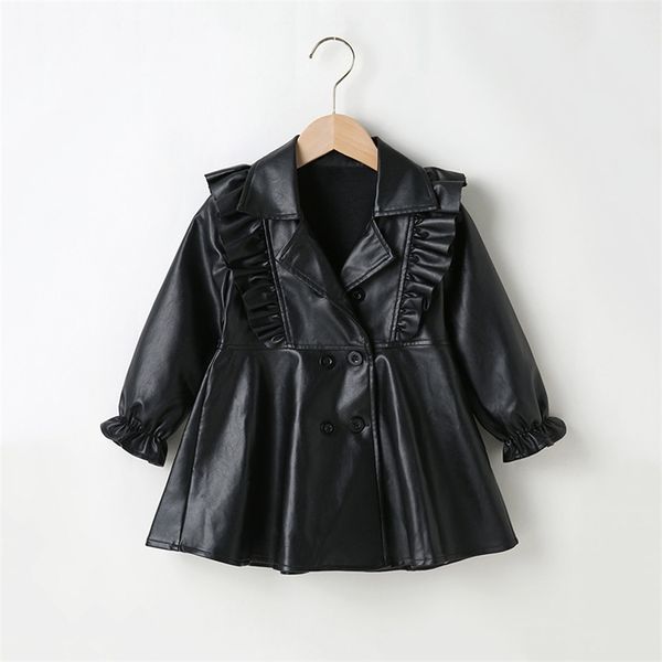 Crianças Crianças Bebê Meninas Primavera Outono Geral Faux Faux Leather Ruffles Manga Longa Inglaterra Estilo Princesa Vestido Ey08171 220106