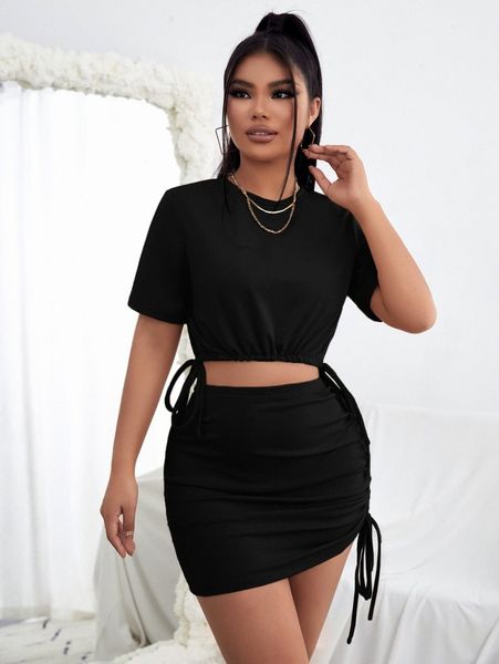 

drawstring hem crop tee & bodycon skirt b91r#, White