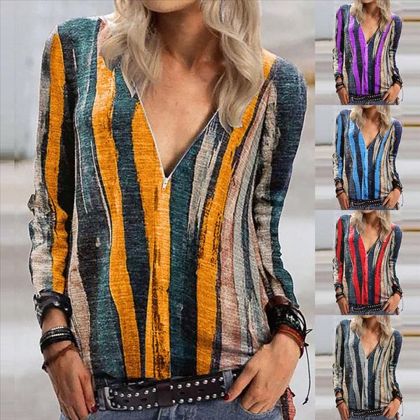 

5colors blouse women new fashion autumn plus size loose v neck zipper colour stripe printed ship, White