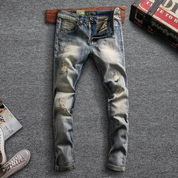 

men's jeans italian style fashion men retro blue elastic slim fit ripped denim pants patchwork designer long trousers