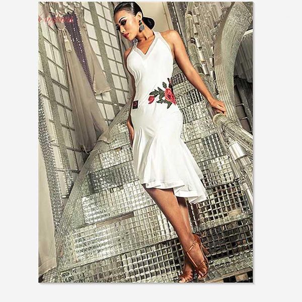 

white latin dance dress rose backless tango cha-cha salsa performance dancewear samba rumba practice clothes for women clothes1, Black;red