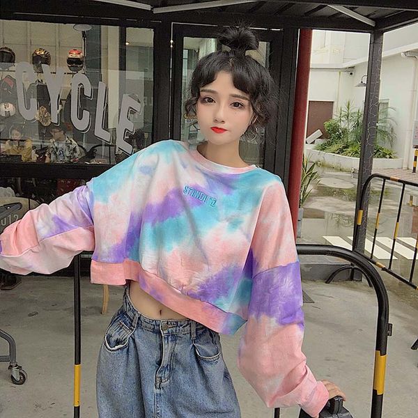 

women new fashion autumn crop hoodie contrast color long sleeve tie dye drawstring sweatshirt pullover casual female, Black
