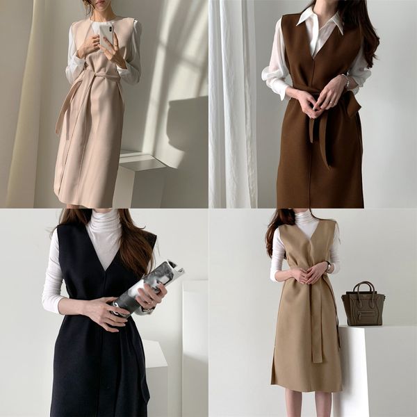 

colorfaith new 2020 autumn spring women dresses sashes solid split straight knitting warm sweater elegant office ladies dr7199 h1210, Black;gray