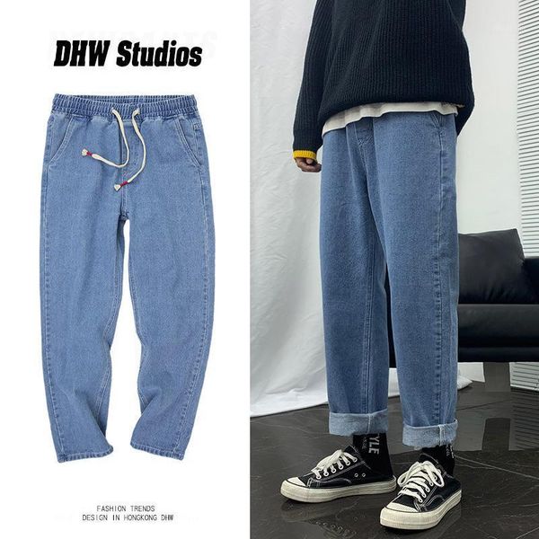 

2021 fashion drawstring denim jeans men's korean style loose trend students all-match wide-leg youth casual straight pants1, Blue
