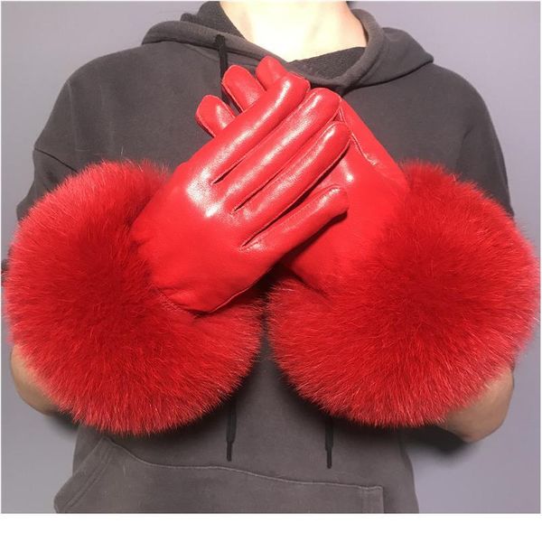 

wholesale fox fur gloves winter female luxury style warm sheepskin genuine leather gloves driving thickenin jlljvz, White