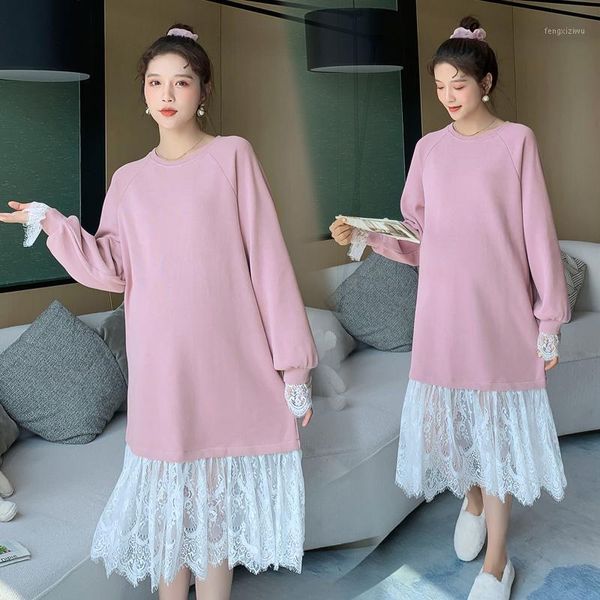 

winter fashion maternity dress white lace patchwork knitting pink for pregnant woman sweet fish tail pregnancy1 dresses