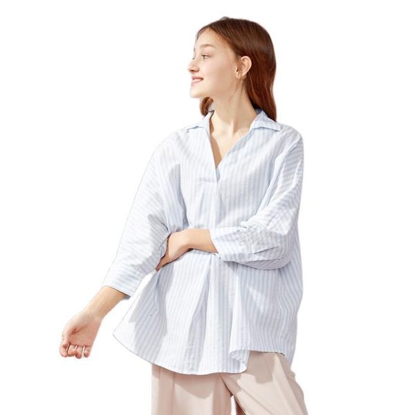 

semir women 100% cotton long striped v neck blouse with 3 4 length sleeve relax fit shirt with collar for spring autumn, White