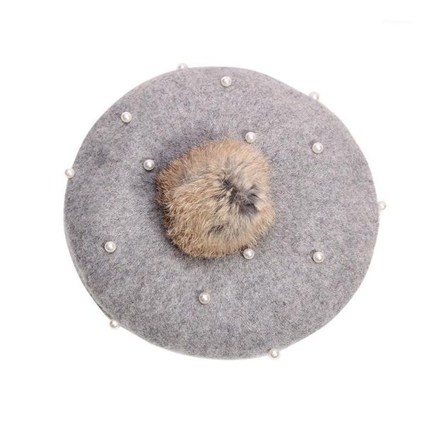 

pearl beret cap hairball warm hat fashion beanie painter cap retro painter headdress for kids children (grey)1, Blue;gray