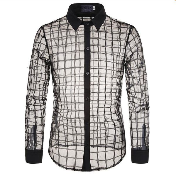 

new spring autumn black white arena grid transparent lace style plaid long-sleeved shirt lapel men's plus-size, White;black