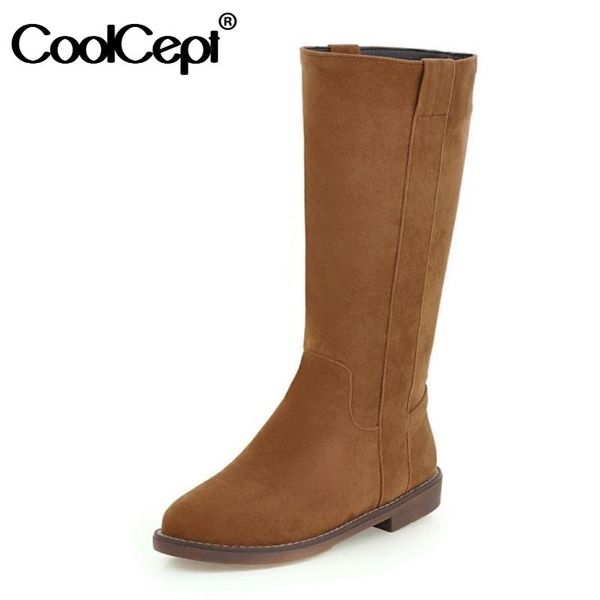 

coolcept size 34-43 women mid calf boots flats flock slip on shoes winter warm boots women fashion office party footwear, Black