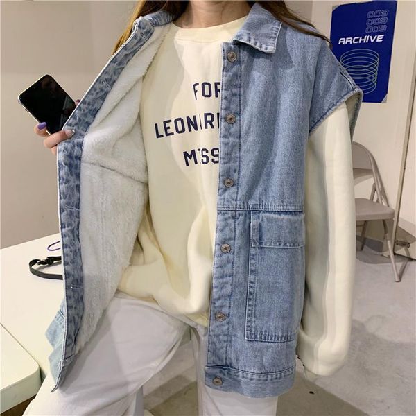 

2021 new autumn winter loose thickened jean sleeveless coat women korean warm vest jacket fashion big pockets clothes, Black;brown