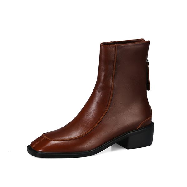 

2021 new 100% genuine leather women's ankle boots fashion autumn winter 4.5cm thick heels pumps casual motorcycle shoes woman gunc, Black