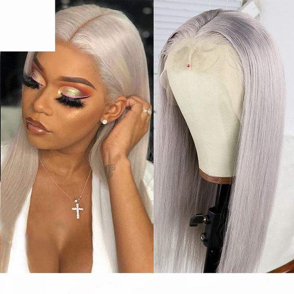

13x6 grey remy hair wig with baby hair straight colored lace front wig preplucked brazilian human hair wigs for black women, Black;brown