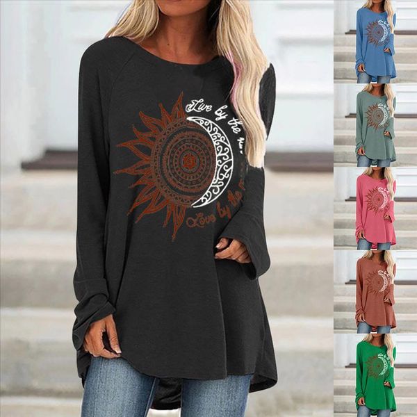 

40 harajuku tunics shirts women casual loose plus size blouse shirt sun print o neck long sleeve pullover camisas, White