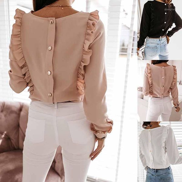 

women elegant solid color ruffle blouse o neck pleated blusa lady 2xl new casual button long sleeve blusa 2020 autumn1, White