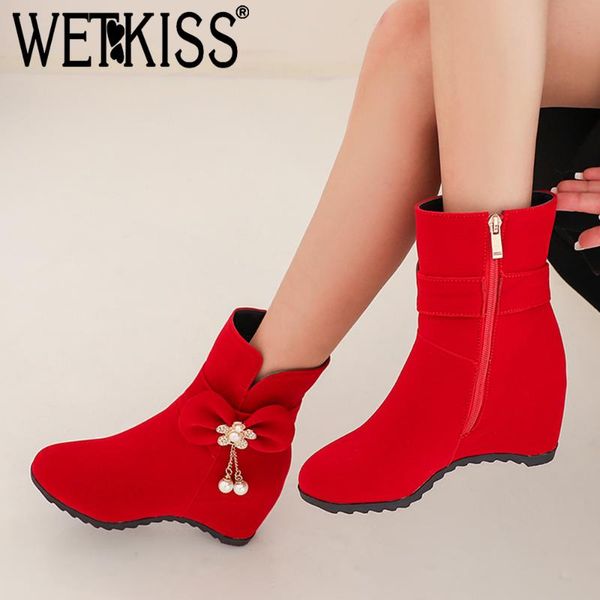 

wetkiss sweet girls ankle boots butterfly knot height increasing booties winter high shoes woman round toe red boot big size, Black