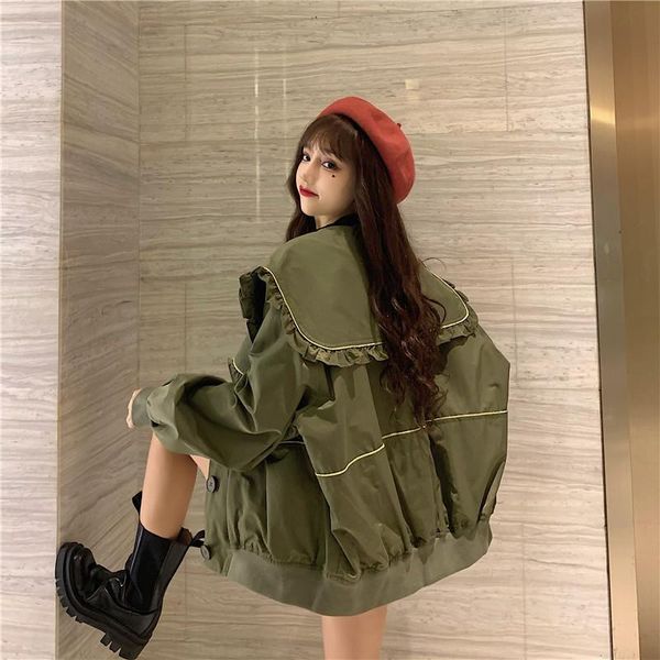 

jackets women outwear coats sailor collar lantern sleeve casual loose oversize harajuku streetwear bomber jacket autumn, Black;brown