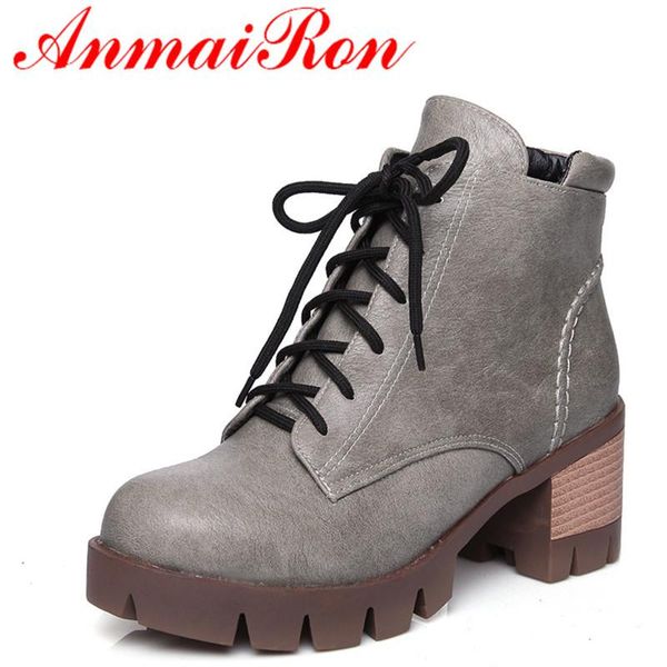 

anmairon new fashion autumn/winter ankle boots for women square heels round toe lace-up charm women shoes large size 34-43, Black