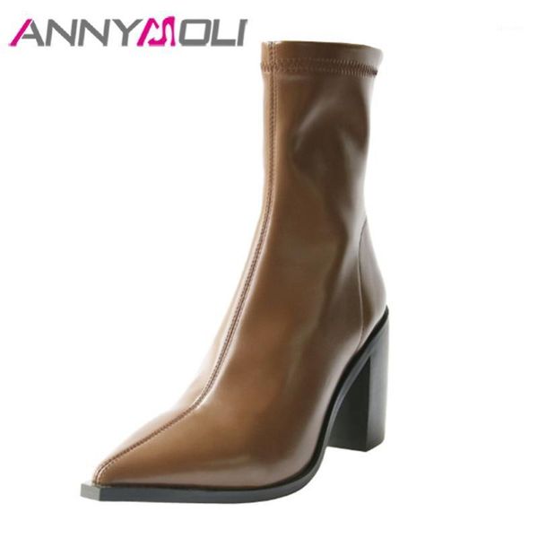 

annymoli women mid-calf boots shoes zipper super high heel boots pointed toe chunky heels lady autumn black brown size 401