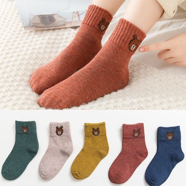 

5 pairs children winter thick warm socks baby boys girls cotton sports socks autumn kids new cute cartoon bear heart star socks y201009, Pink;yellow