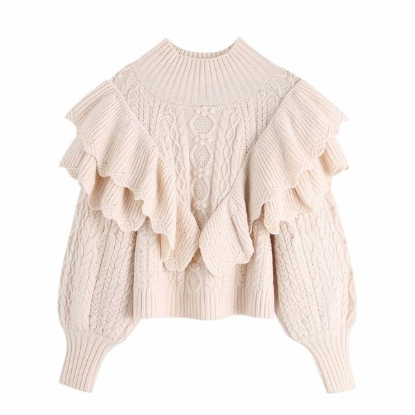

elegant women twist textured sweater 2020 fashion ladies turtleneck knitted sweet female chic cascading ruffles pullover, White;black
