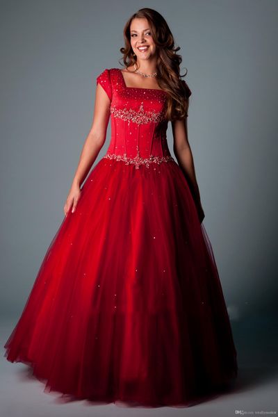 Rotes Ballkleid, lange, schlichte Ballkleider mit Flügelärmeln, quadratischen Perlen, Kristallen, bauschig, bodenlang, formelle Abschlussball-Party-Kleider für Mädchen und Teenager