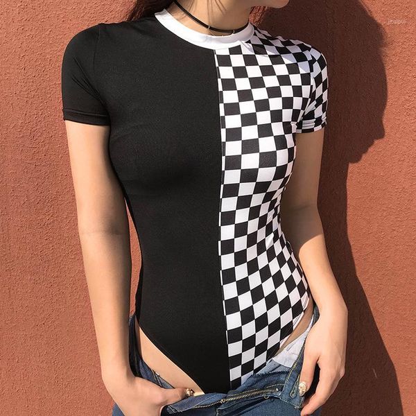 

bonjean checkered short sleeve womens bodysuit patchwork black checkerboard femme bodysuits skinny plaid fashion body suits1, Black;white