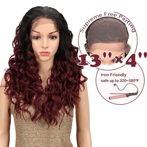 

magic synthetic lace front wig with baby hair ombre 24inch long loose wavy glueless heat resistant fiber part wig for black, Black;brown