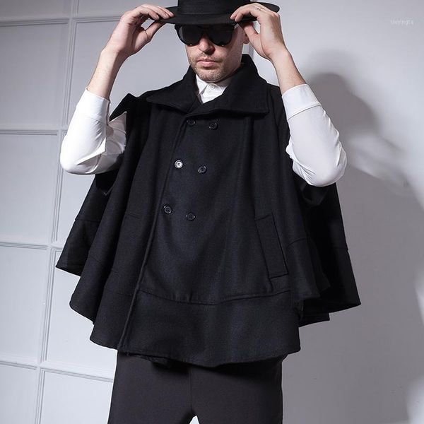 

short double-breasted lapel winter tide men's coat round pendulum loose bat sleeve coat sleeveless hip-hop nightclub trend1, Black