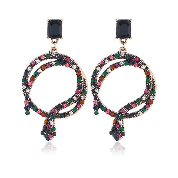 

2021 creative snake hoop earrings for women girls statement jewelry colorful rhinestone circle earring studs hip hop earrings kimter-k170fa