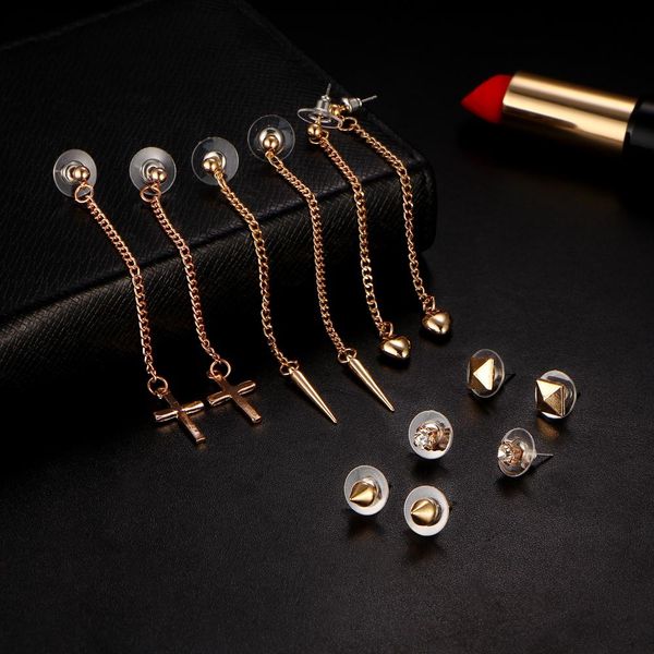 

17km bijoux geometric long tassel earring set rivet earrings for women cross earring crystal brincos female jewelry 6 pairs/lot wmtkug, Black;white