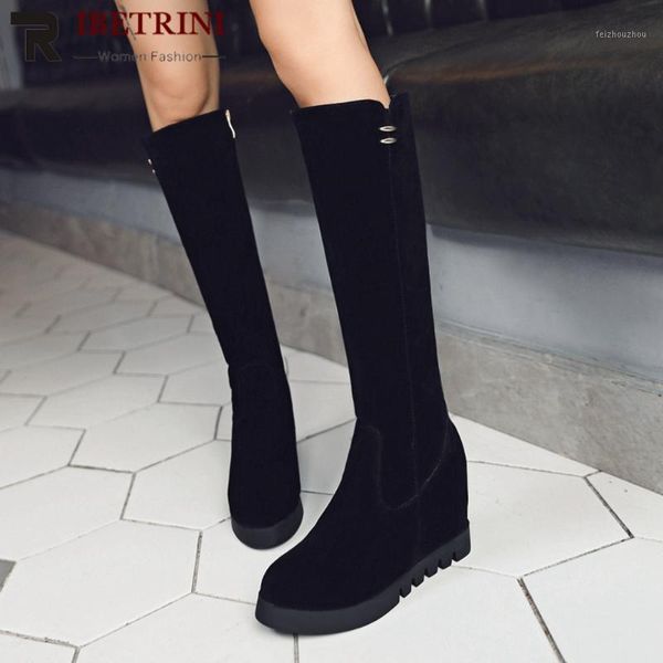 

ribetrini female flock round toe zipper mid calf boots increasing height winter boots women 2020 wholesale shoes woman1, Black