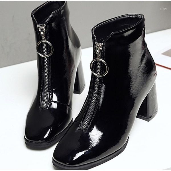 

boots women ankle fashion ladies pumps high heels thin plush autumn winter patent leather shoes zipper square toe1, Black