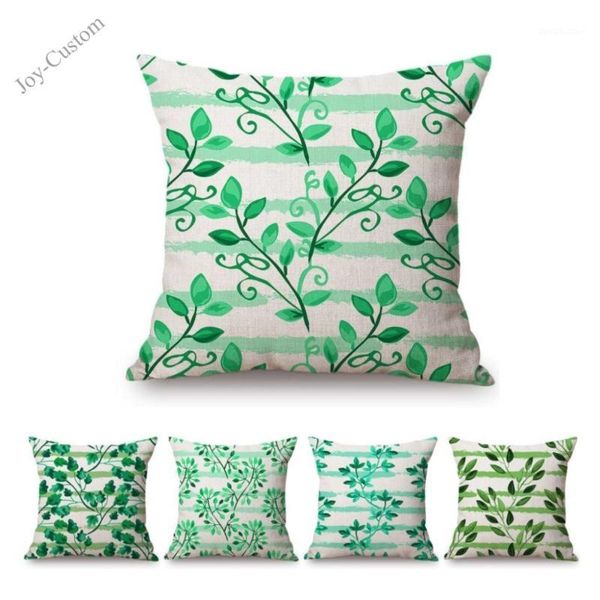

green pastoral ivy leaf watercolor office decorative chair pillow case cotton linen outdoor backyard bench swing cushion cover1
