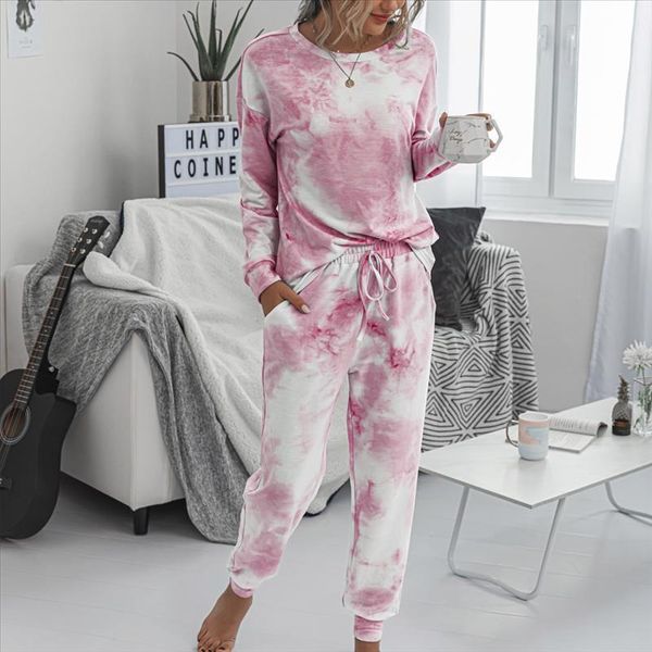 

2020 2 шт. установите постепенное изменение галстука краситель печати светло-голубой повседневный с длинным рукавом футболки брюки женские д, Gray