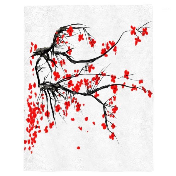 

red cherry blossoms flower throw blanket portable soft bedspread microfiber flannel blankets for beds1