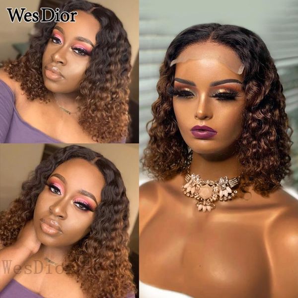 

lace wigs ombre curly short bob for black women preplcked wig t part human hair remy density180 natural hairline, Black;brown