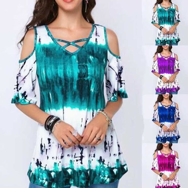 

2020 summer fashion women's cotton off shoulder casual loose short sleeve print t-shirt lady plus size party v neck tee top, White