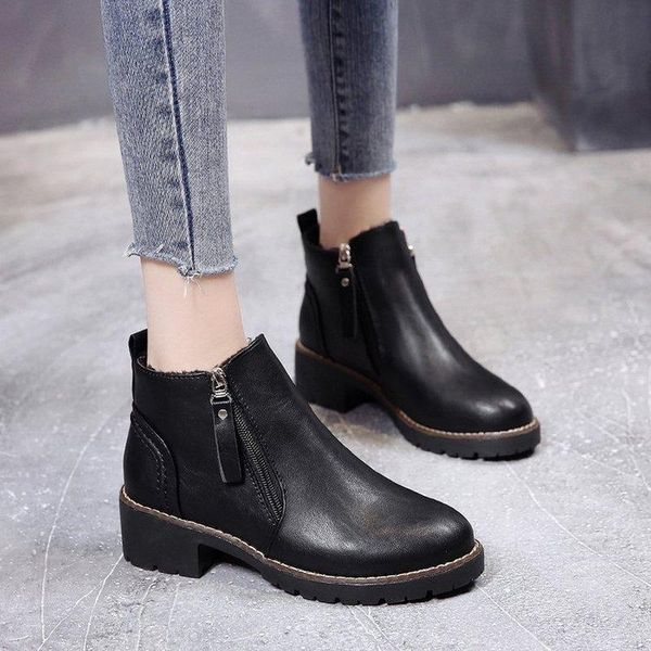 

boots 2021 autumn ankle women plus size velvet warm plush winter zipper casual shoes woman leather, Black