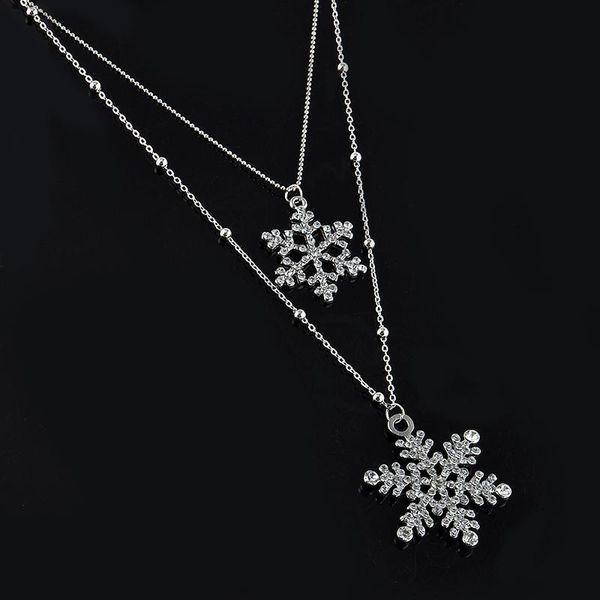 

fashion gold rhinestone snowflake pendant necklaces long sweater chain double layers necklace & pendant christmas gift jewerly, Silver