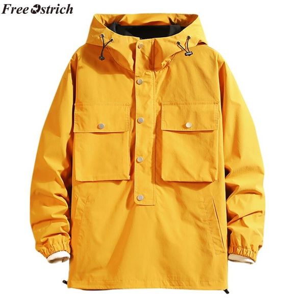 

ostrich men jacket 2020 men's casual fashion patchwork pullover hoodie multi-pockets outwear coat,windproof jacket, Black;brown