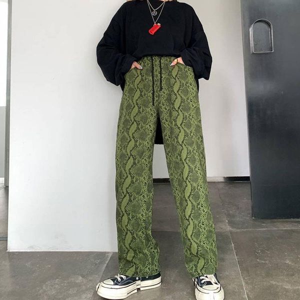 

girl serpentine snake print trousers pantalones mujer cintura alta loose high waist harajuku women pants drop shipping, Black;white